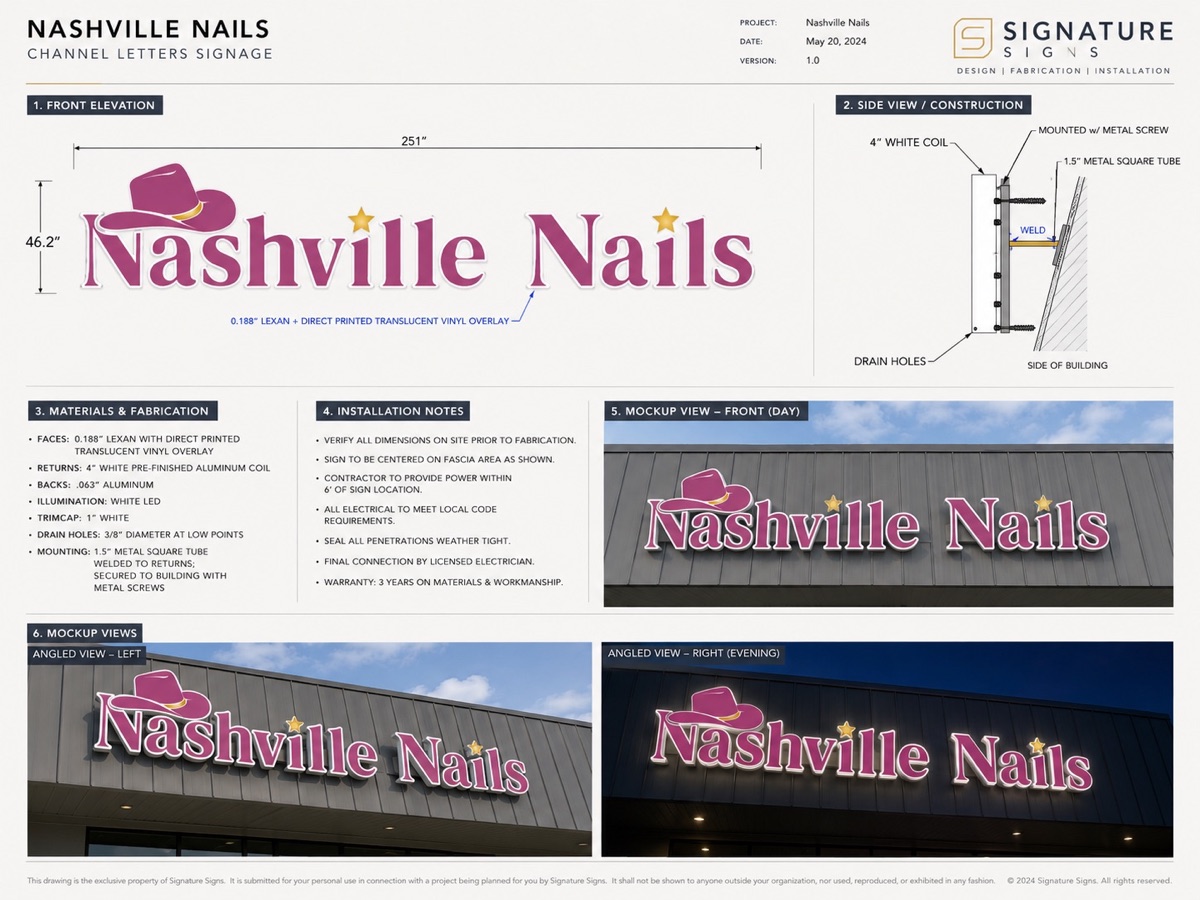 Nashville Nails channel-letter signage plan sheet